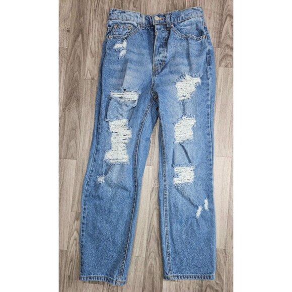 Vanilla Star Juniors Size 3 Distressed Straight Leg Button Fly Denim Blue Jeans - Picture 1 of 12